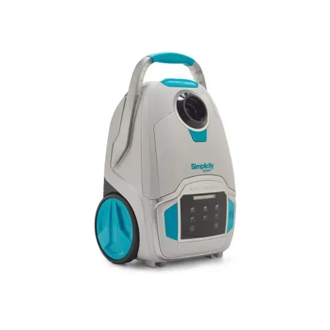White and teal canister vacuum cleaner with attachments on a white background.