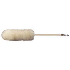 A fluffy, cylindrical white duster on a long wooden handle, hanging loop at the end.