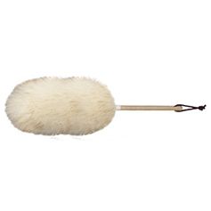 Cream-colored wool duster with a wooden handle and black hanging string, ready for cleaning.