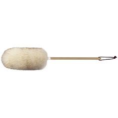 Dust mop with a fluffy, cream-colored head and a long, tan handle with a hanging loop.