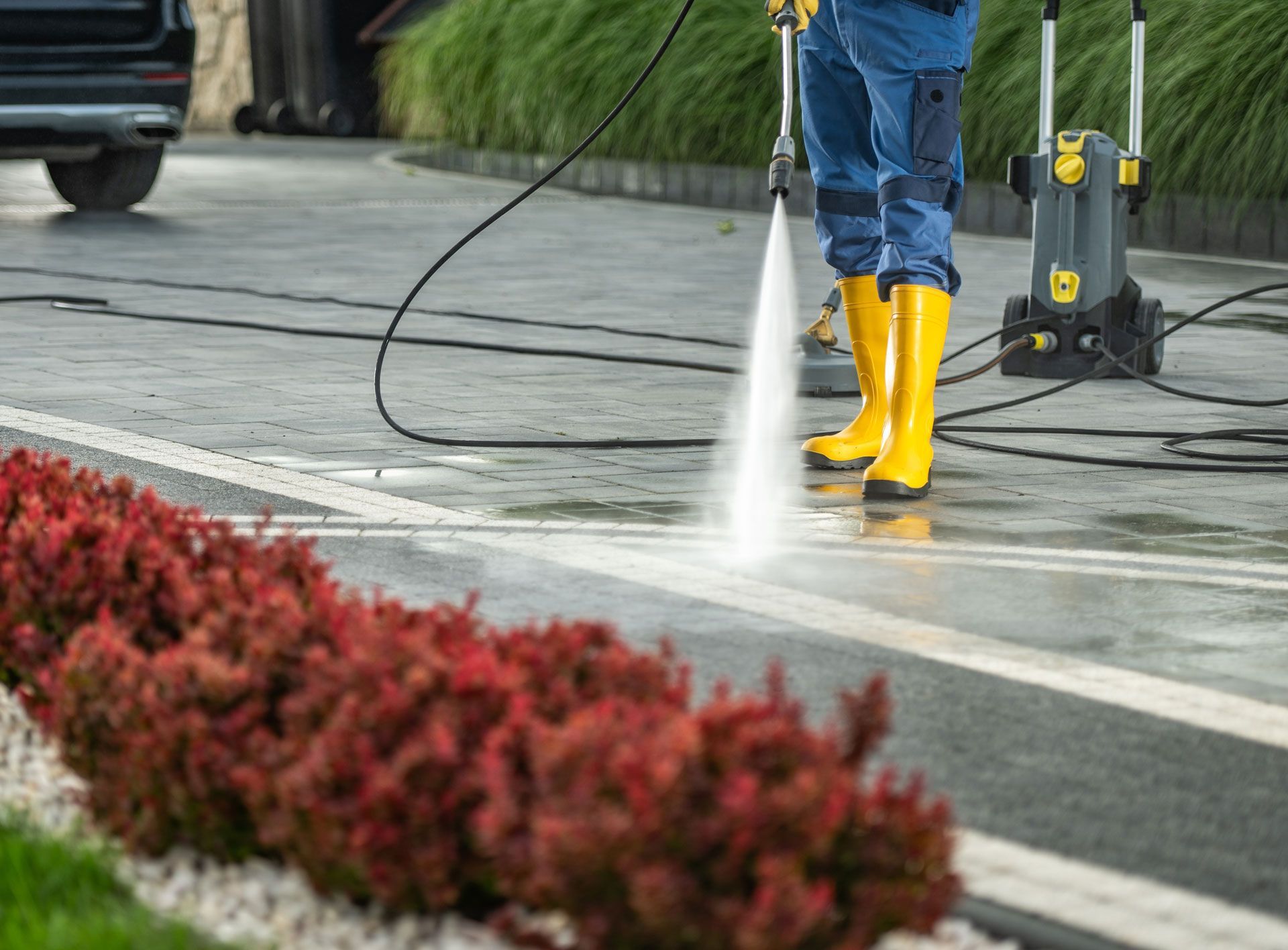 Person in yellow boots pressure washing a driveway near a red bush and a gray car.