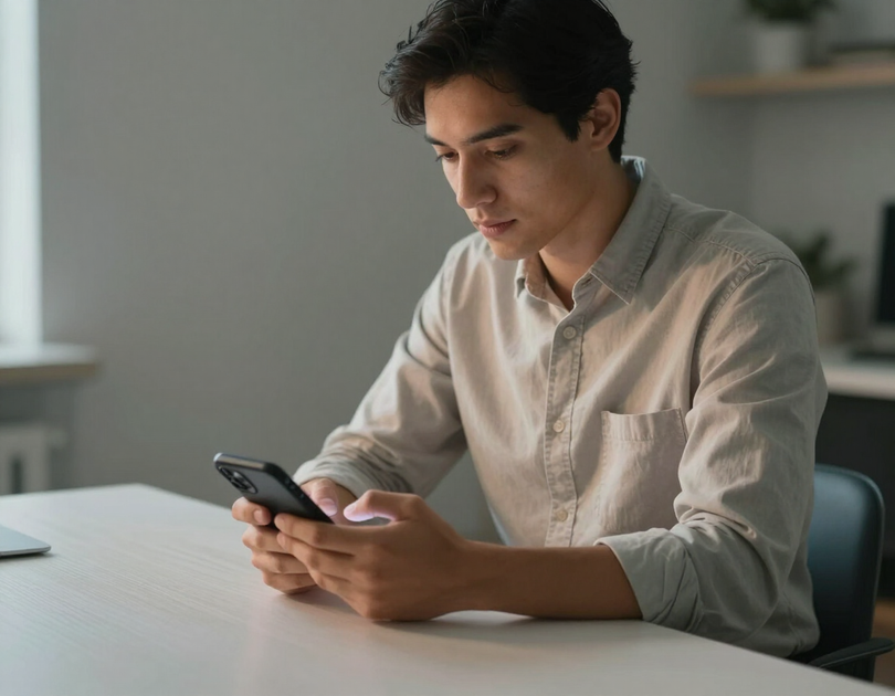 Social media manager reviewing content on smartphone