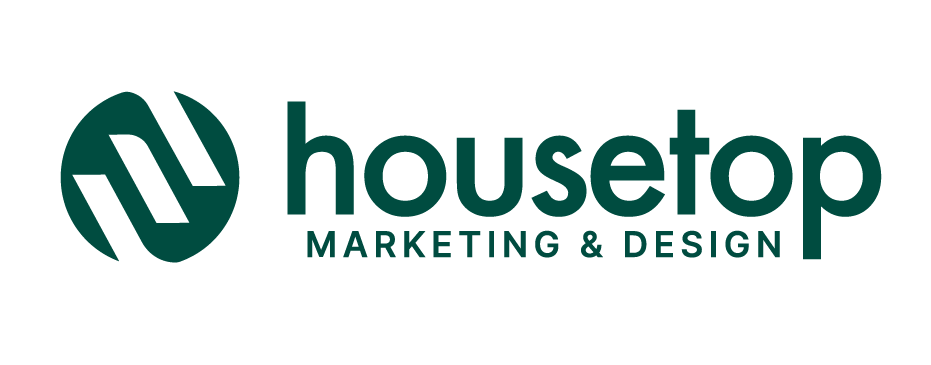 Logo for Housetop Marketing & Design: green circle with letter shapes, text 
