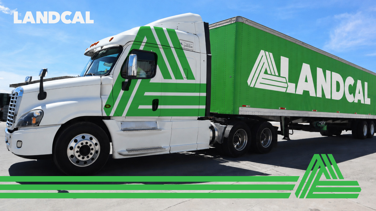 White and green LANDCAL semi-truck with trailer on road, logo on side against blue sky