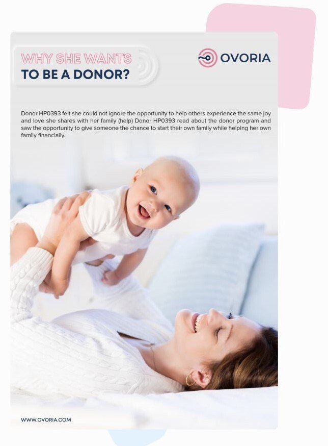 leaflet for egg donors with a lying woman holding her newborn baby in the air