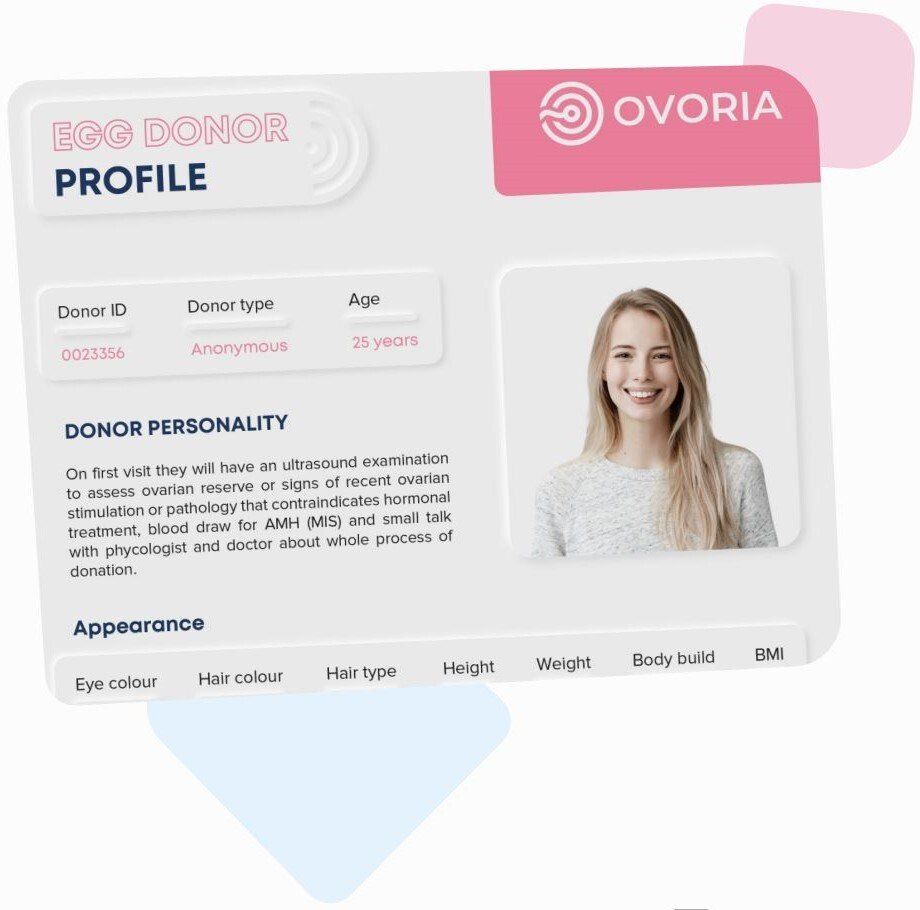 egg donor profile in ovoria egg bank with a list of personal data, her picture and description of her personality and looks