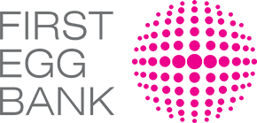 logo of First Egg Bank with a pink sphere on the right