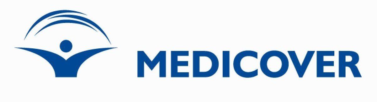 blue and white brand logo of Medicover