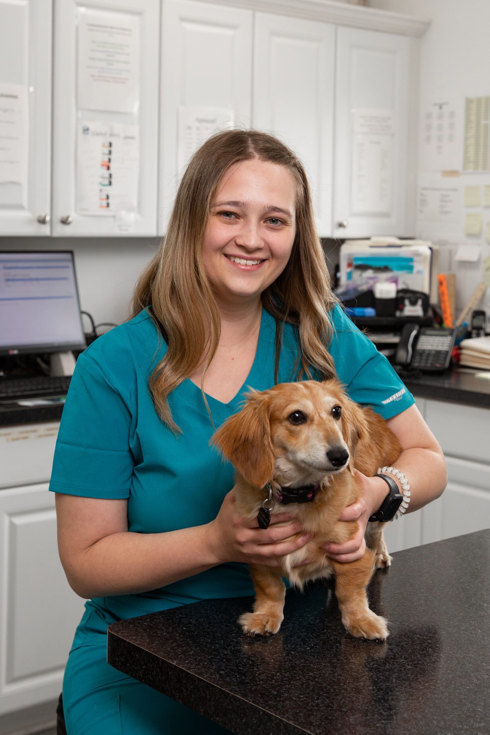 A woman is holding a small dog on a table in a veterinary office.