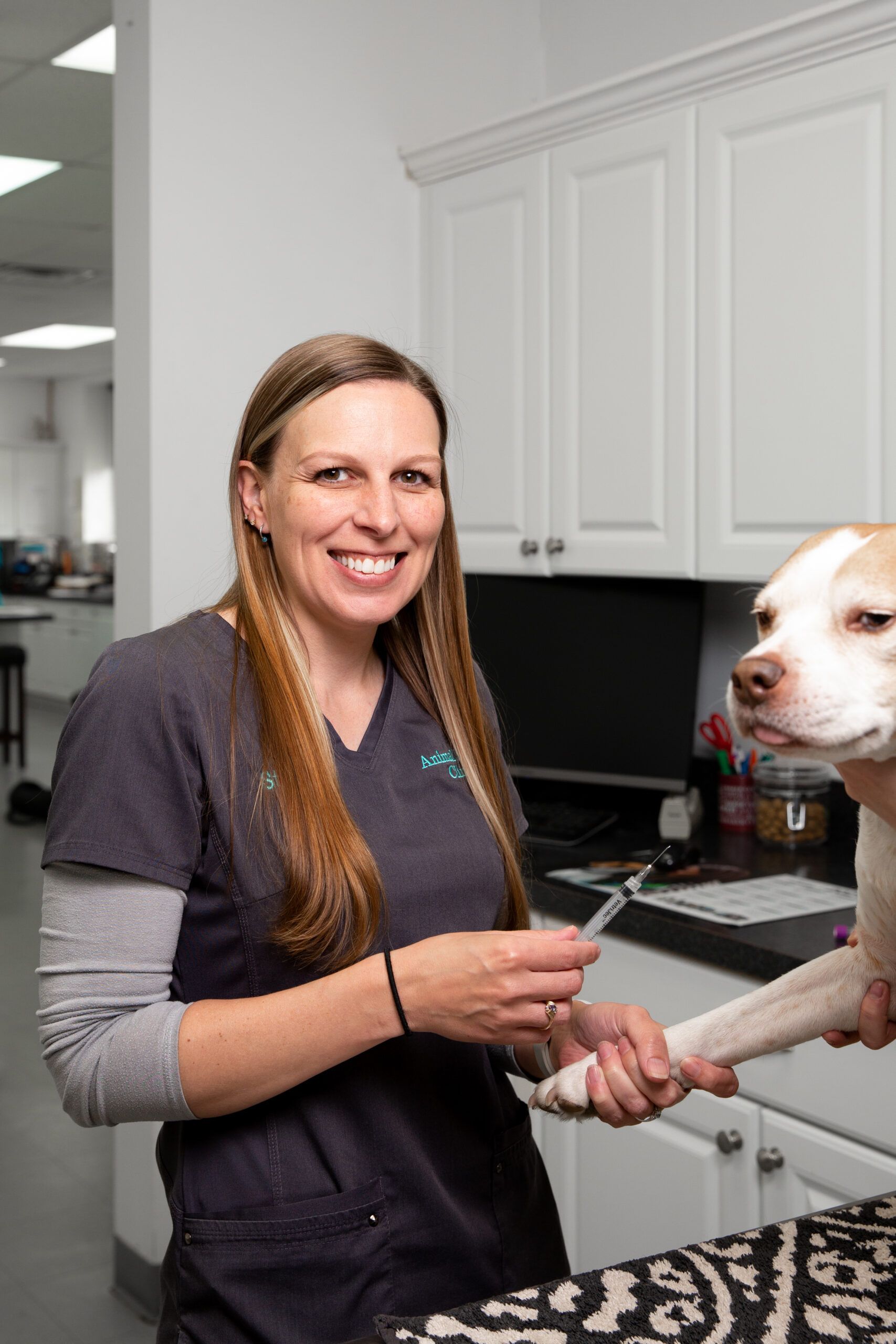 A woman is holding a dog 's paw in a veterinary office.