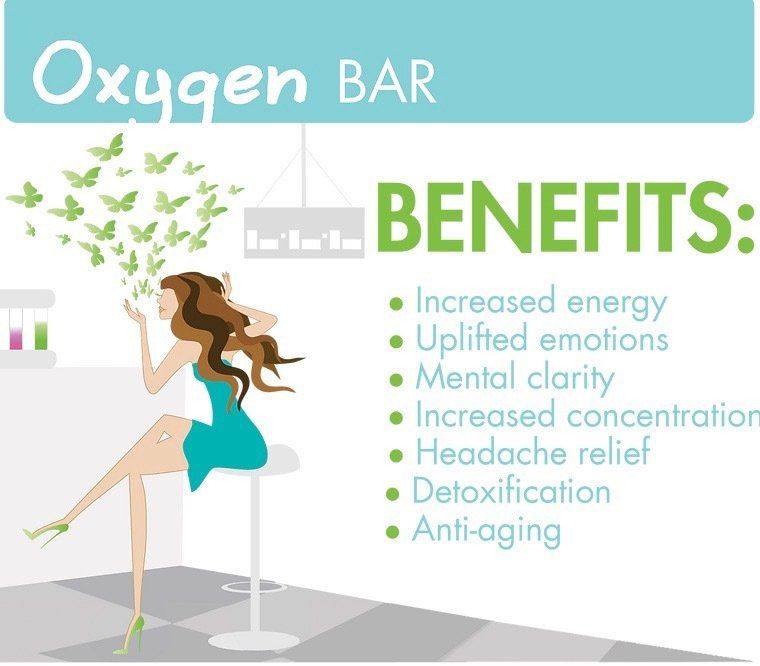 A woman is sitting on a bar stool with a sign that says oxygen bar benefits