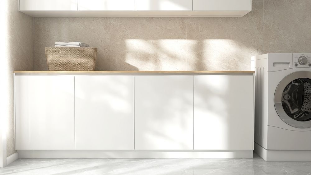 Laundry room with white cabinets, wooden countertop, and washing machine — Lennox Build In Lennox Head, NSW