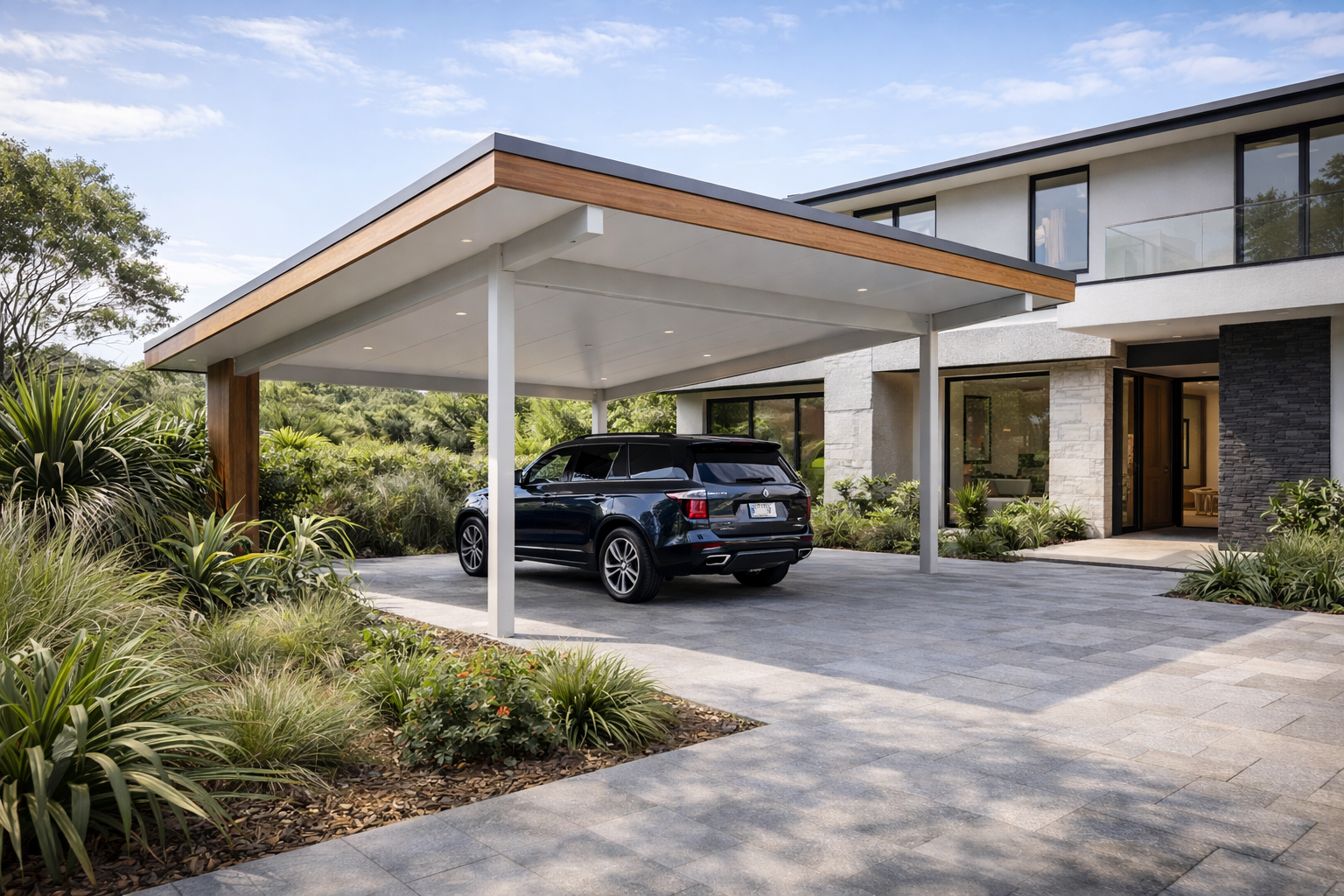 Carport with a blue SUV parked in it, in front of a modern house.