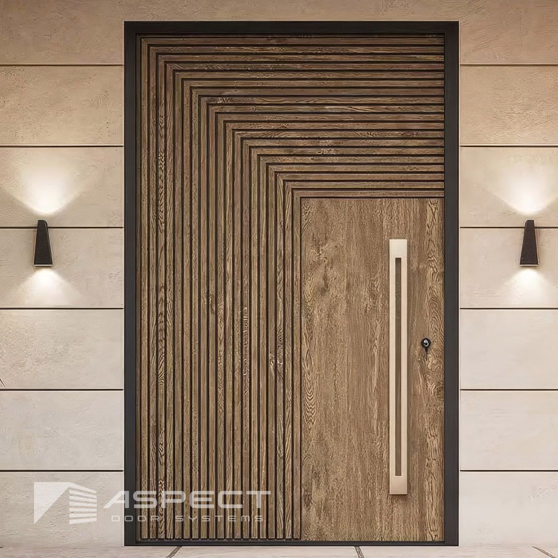 Modern wooden front door with vertical and angled grooves — Lennox Build In Lennox Head, NSW