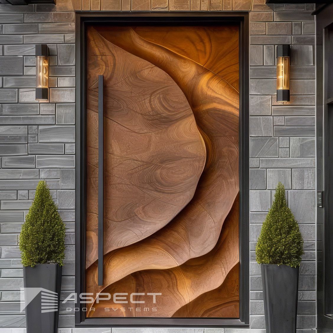 Wooden front door with carved swirling design, surrounded by stone wall and black trim — Lennox Build In Lennox Head, NSW