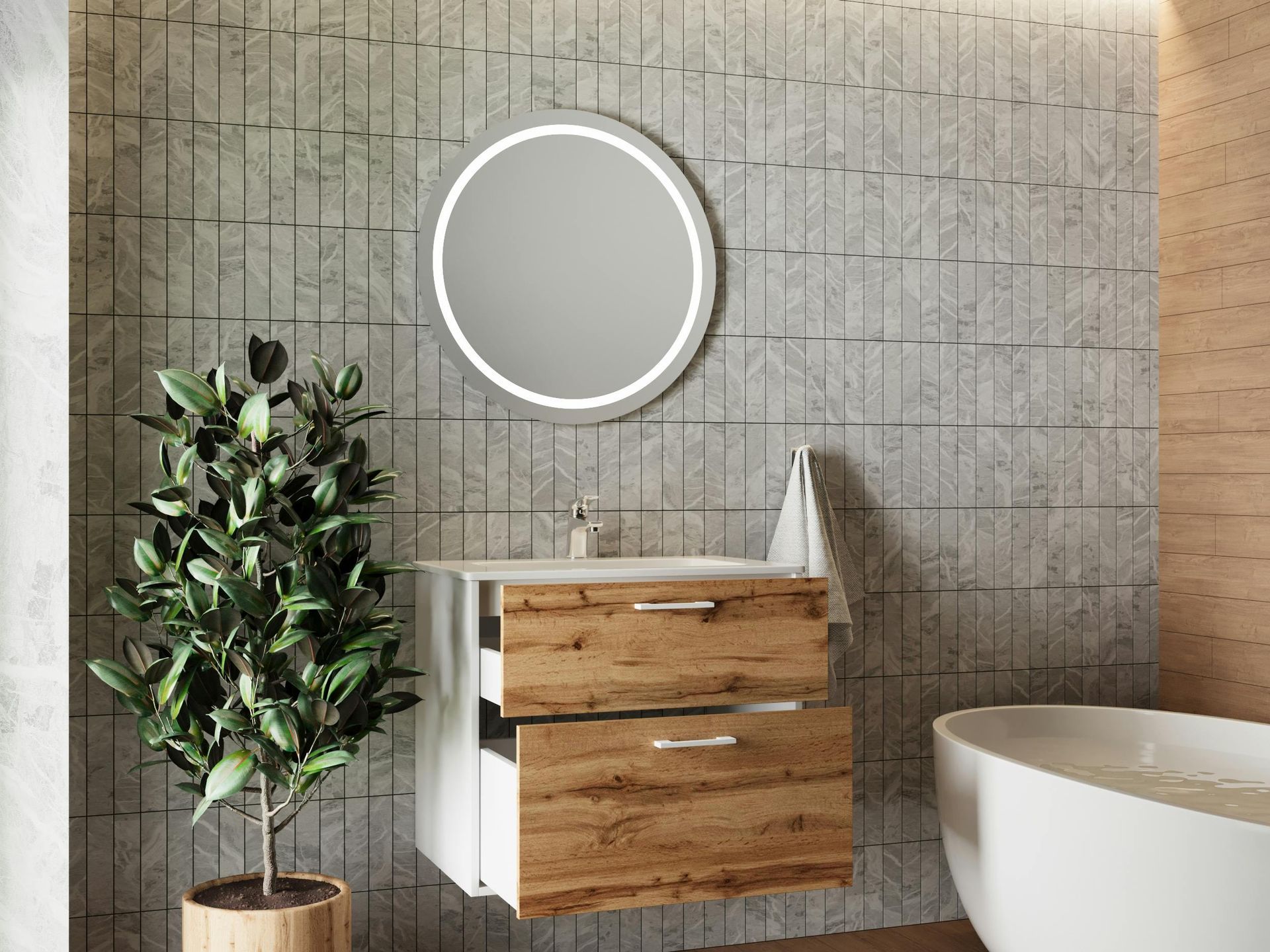 Bathroom with wooden vanity, round mirror, and a potted plant — Lennox Build In Byron Bay, NSW