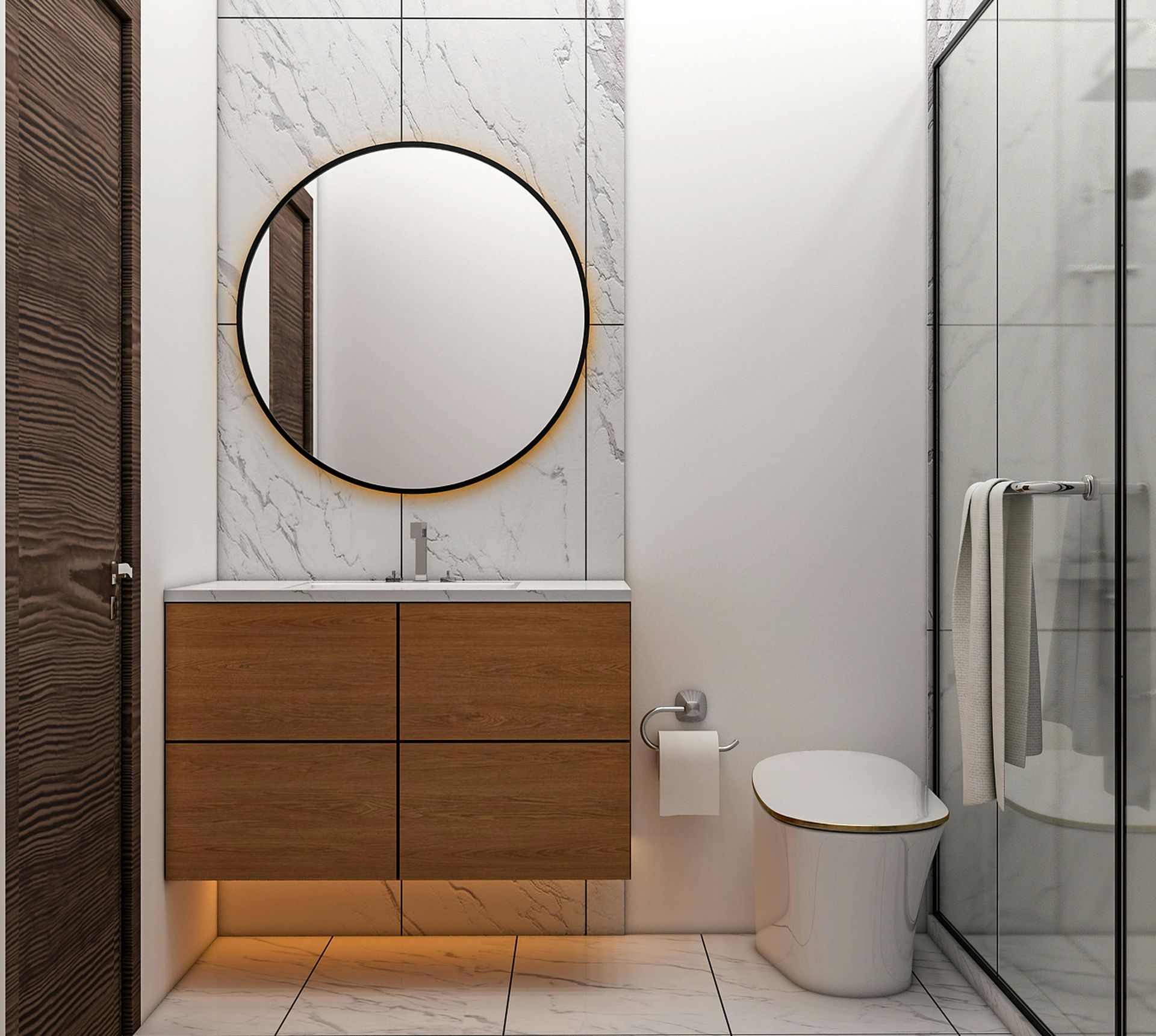 Bathroom with floating wood vanity, round mirror, marble wall, toilet, and glass shower — Lennox Build In Wardell, NSW