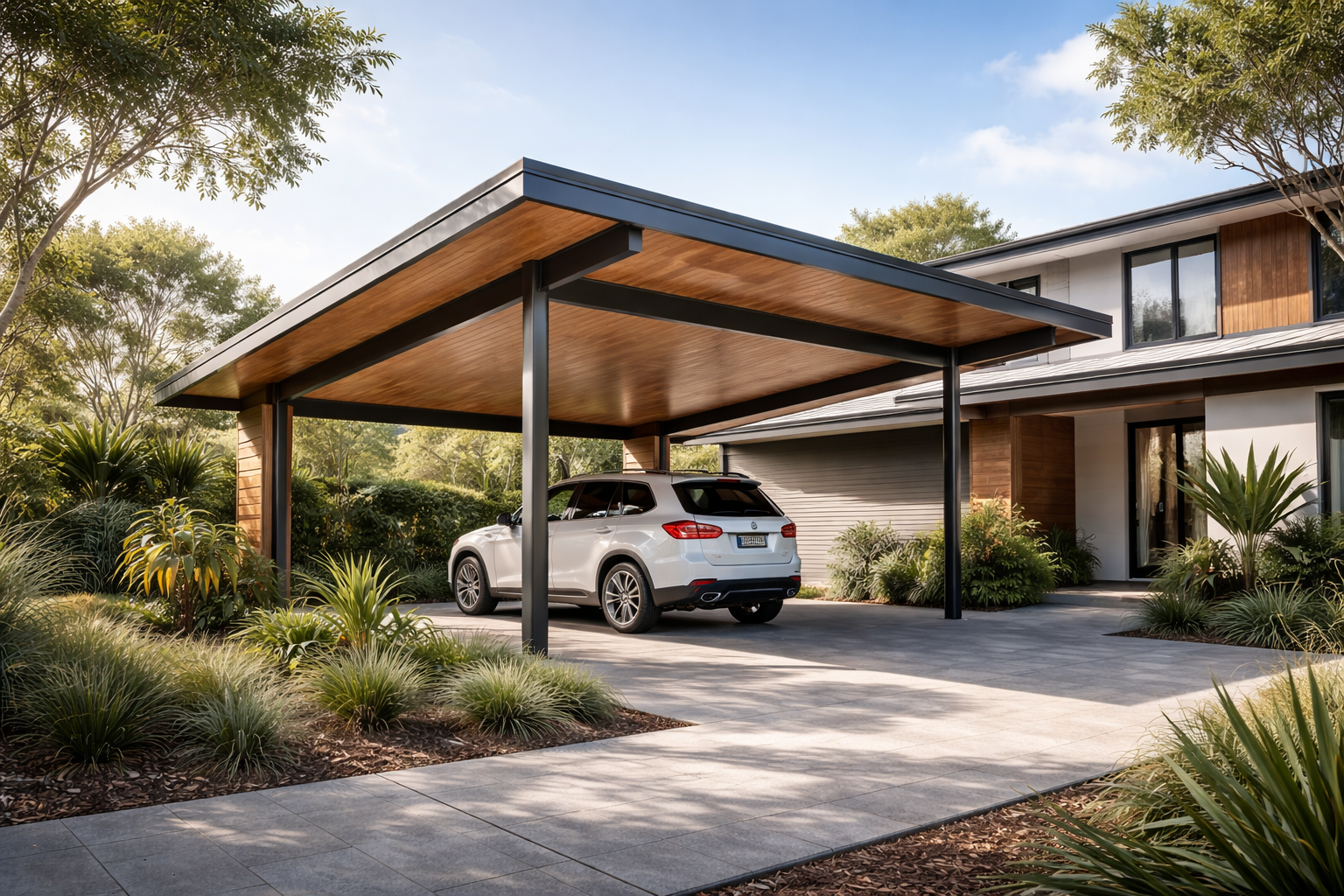 Car parked under a wooden carport with a modern house in the background.
