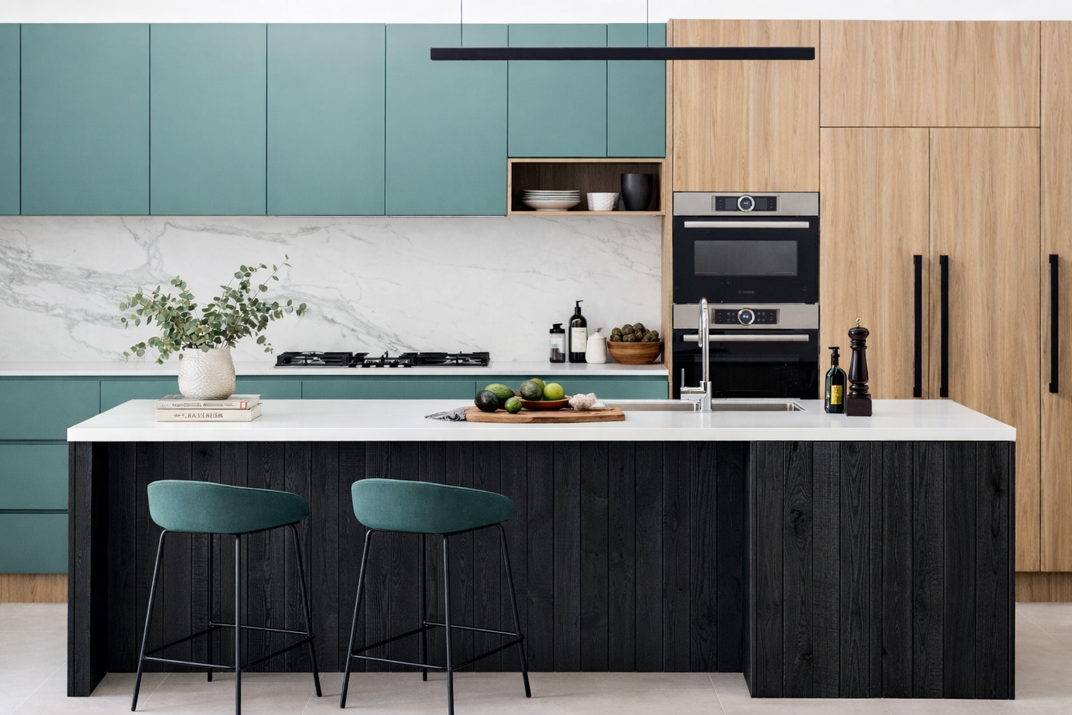 Modern kitchen with teal and wood cabinets, white countertops, black island, and two teal bar stools.