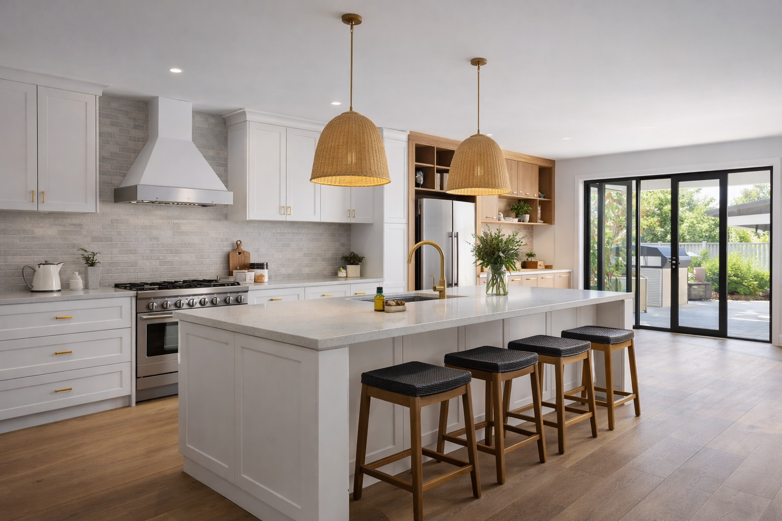 Modern kitchen with white cabinets, large island with stools, and woven pendant lights.