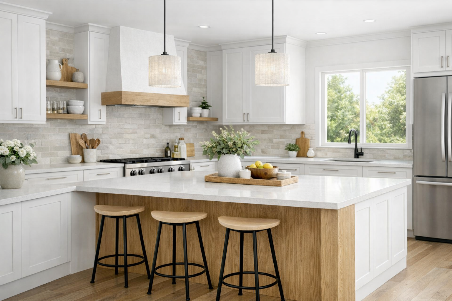 White kitchen with wooden island, white countertops, stainless steel appliances, and hanging lights.