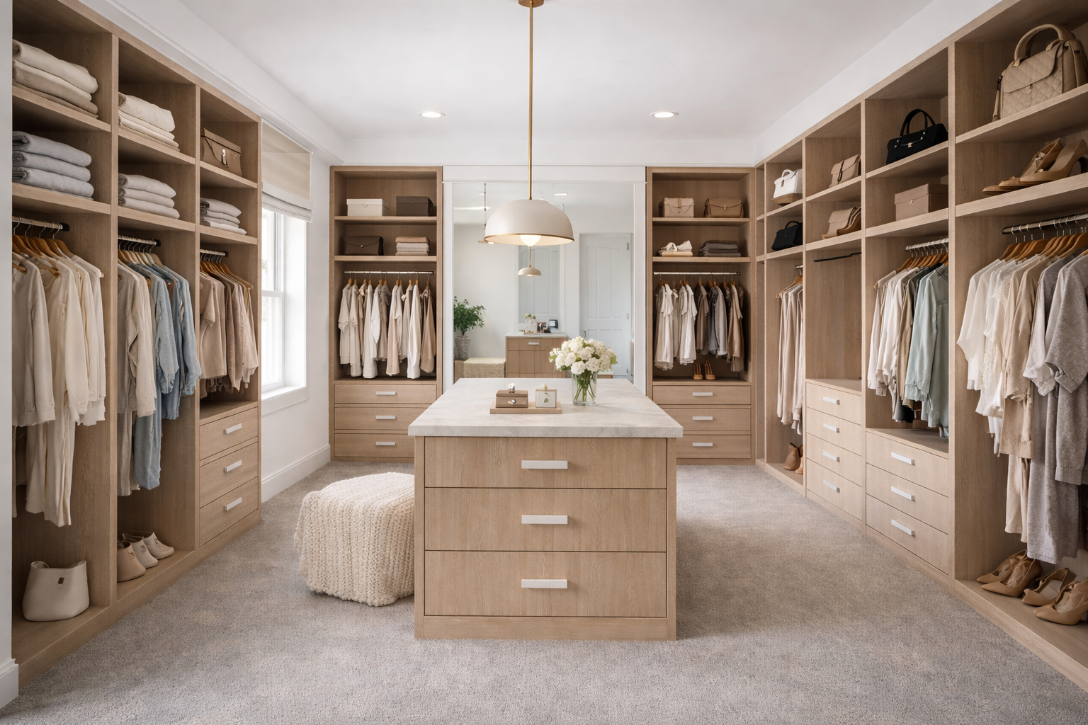 Walk-in closet with light wood shelving, center island, clothes, and neutral-colored rug.