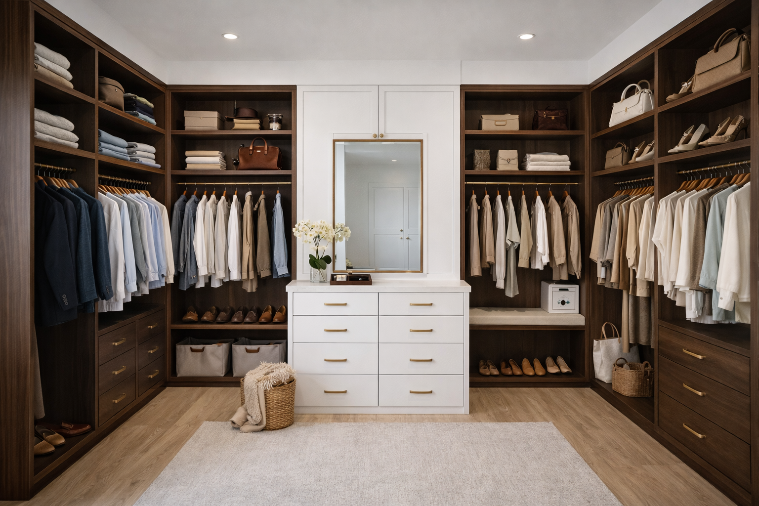 Walk-in closet with dark brown shelving, hanging clothes, and a central white dresser with mirror — Lennox Build In Lennox Head, NSW