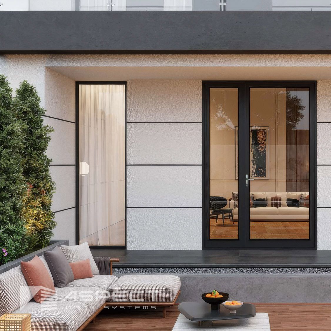 Patio with a sofa, black doors, and a window against a textured white wall — Lennox Build In Lennox Head, NSW