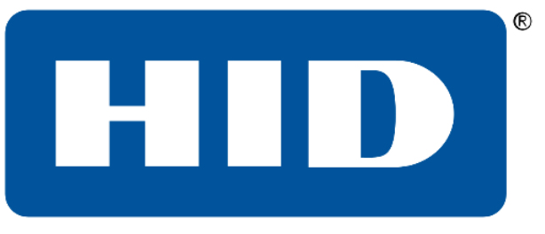 A blue and white hid logo on a white background
