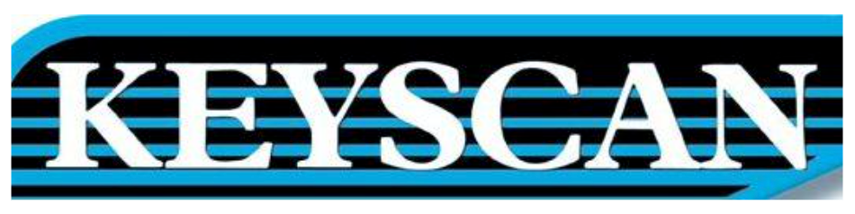 A blue and white logo for keyscan on a white background.