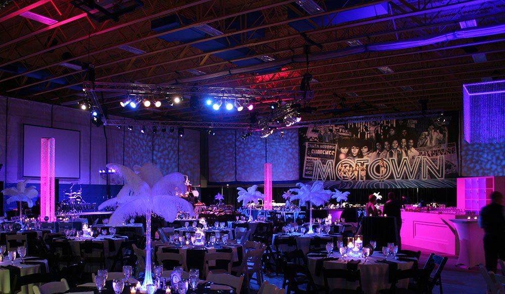 a large room with a sign that says motown on it