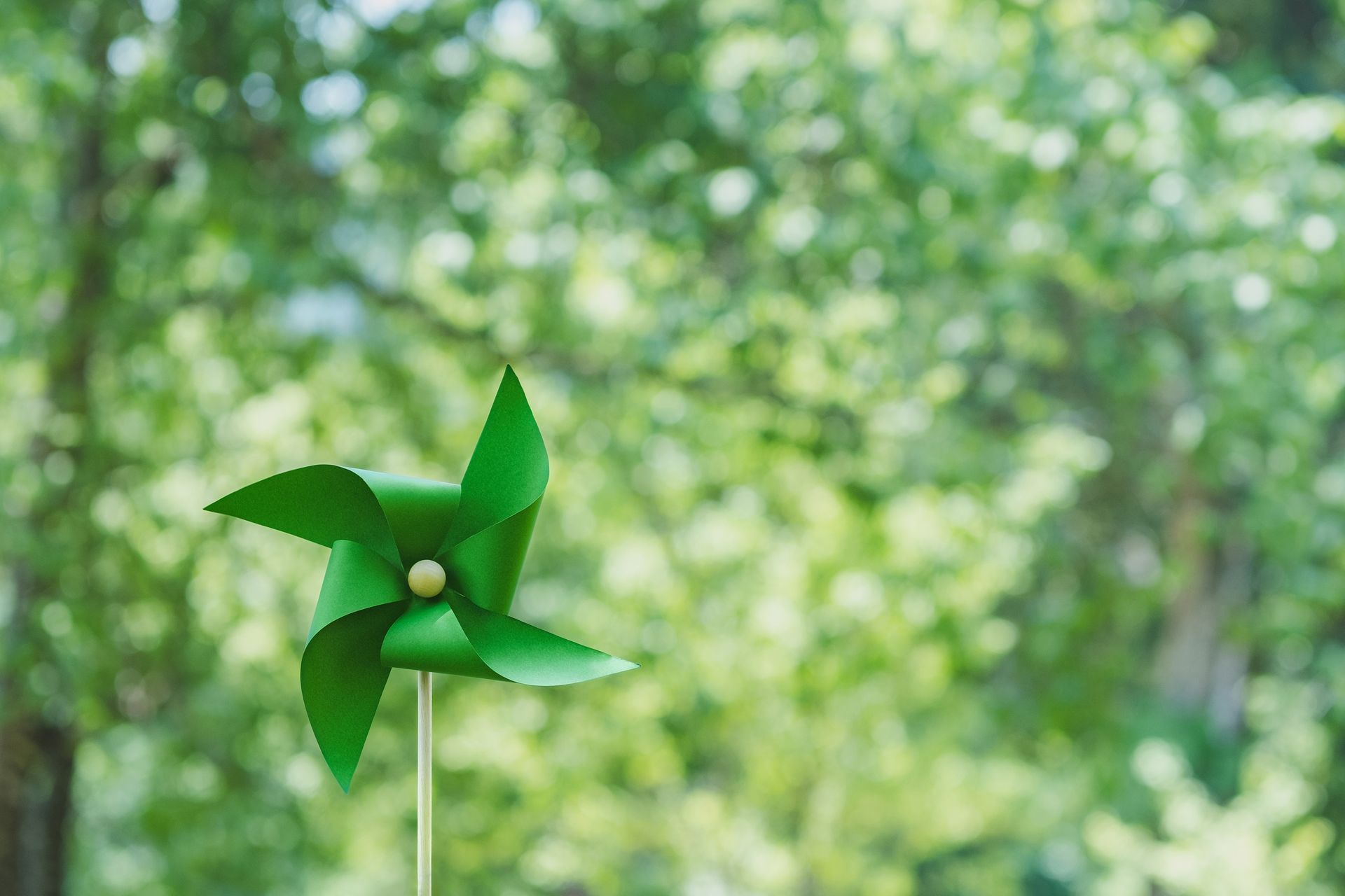 A green pinwheel is sitting in front of a forest.