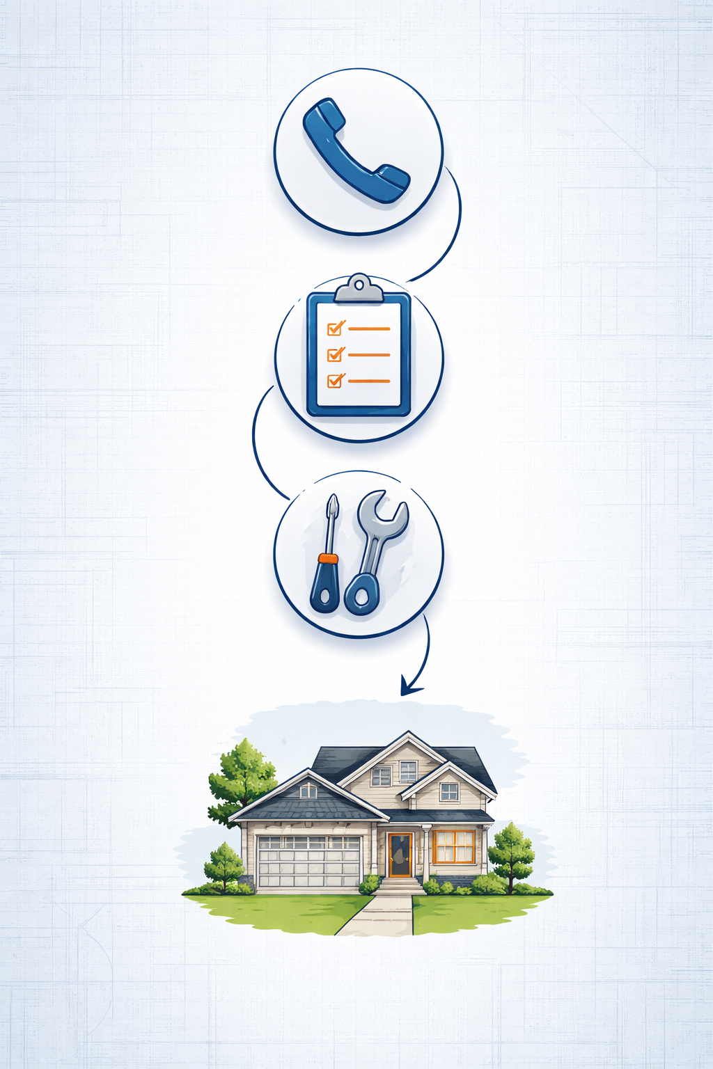 A vertical flow chart showing icons for calling, assessment, and tools, leading to an illustration of a residential home.