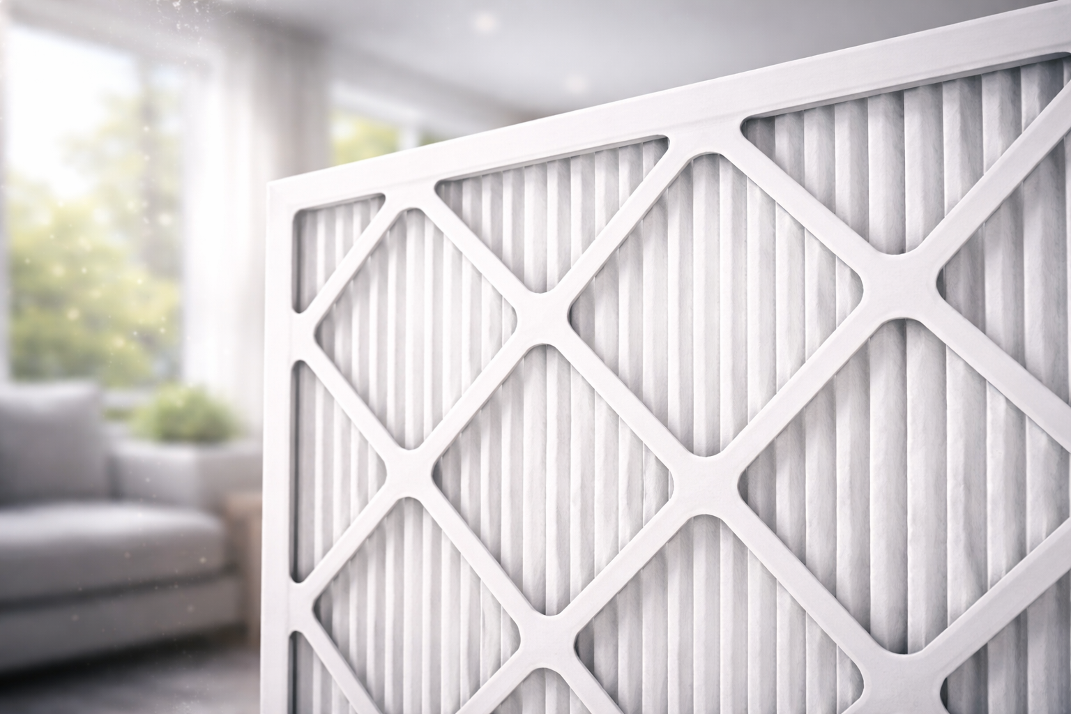 A white pleated air filter for a home HVAC system, shown in close-up with a blurred living room interior in the background.