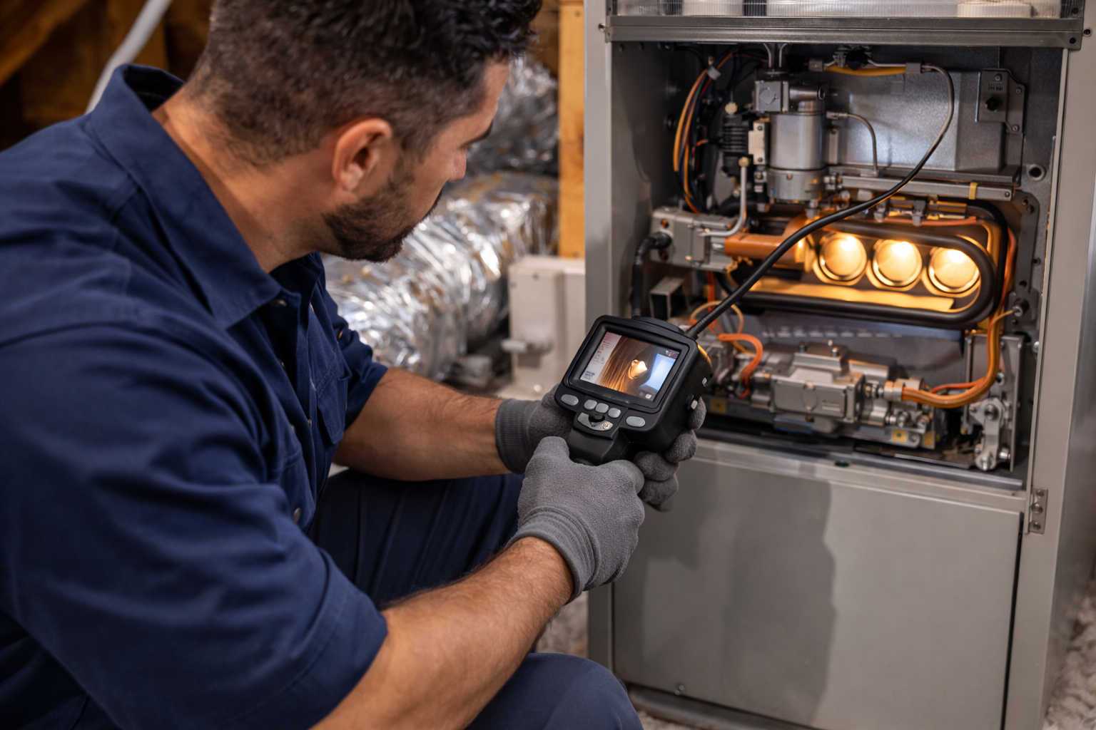 A technician in a blue uniform and work gloves uses an inspection camera to check the lit burners of a home furnace.