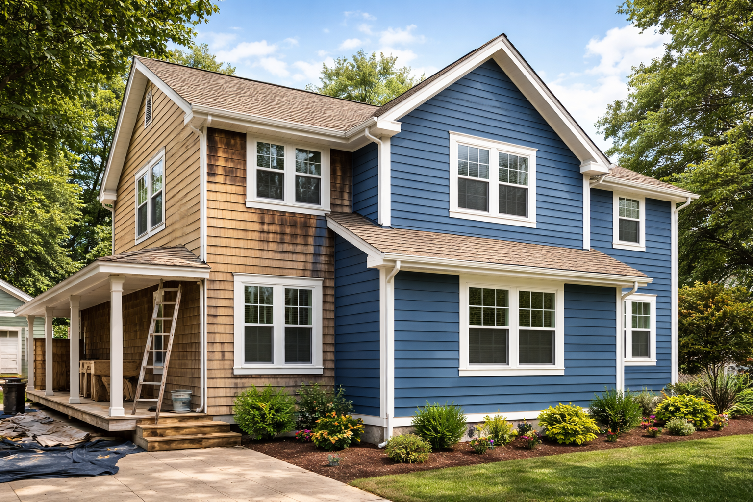 A two-story house under renovation, with one side featuring new blue siding and the other side showing unfinished wood.