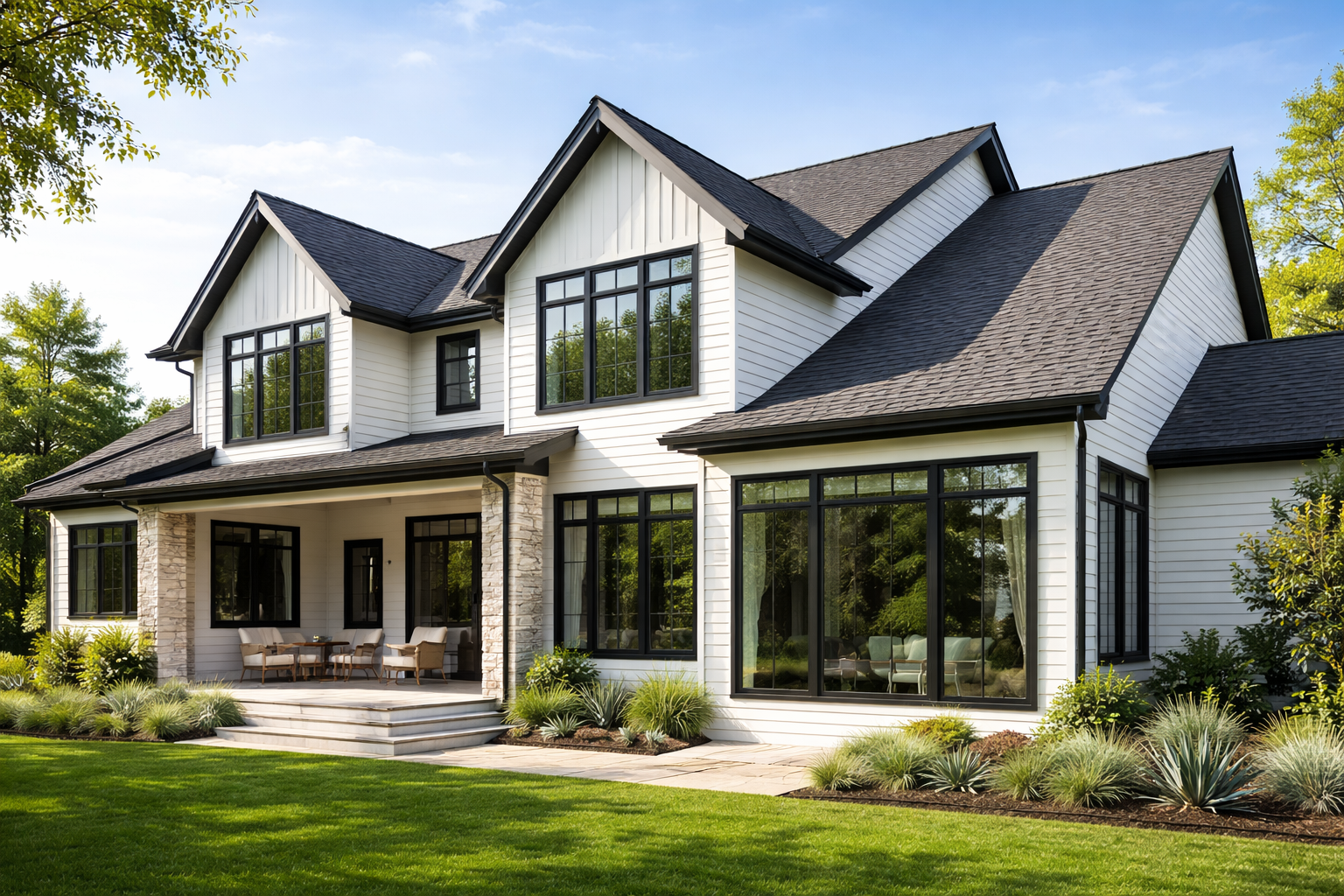 A two-story, white modern farmhouse with black window frames, dark roofing, and a stone-accented covered patio.