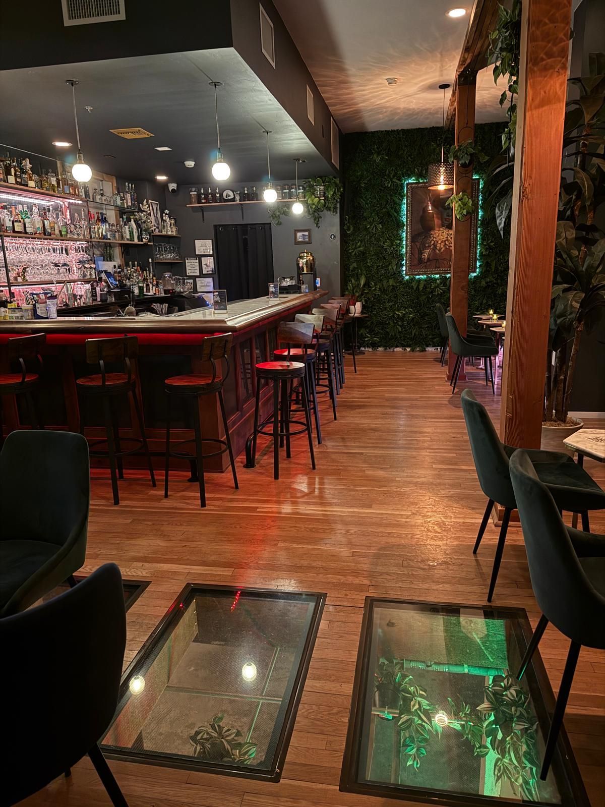 Interior of a dimly lit bar with a long bar, seating, and glass floor sections revealing plants.
