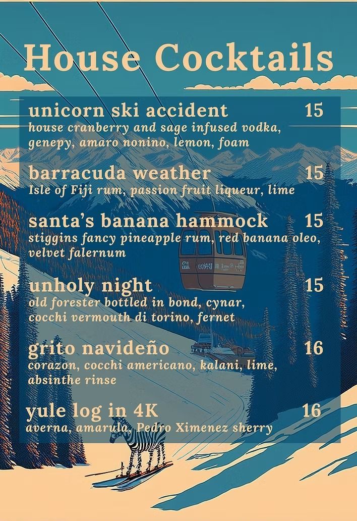 Cocktail menu with mountain ski resort backdrop; features drink names, ingredients, and prices.