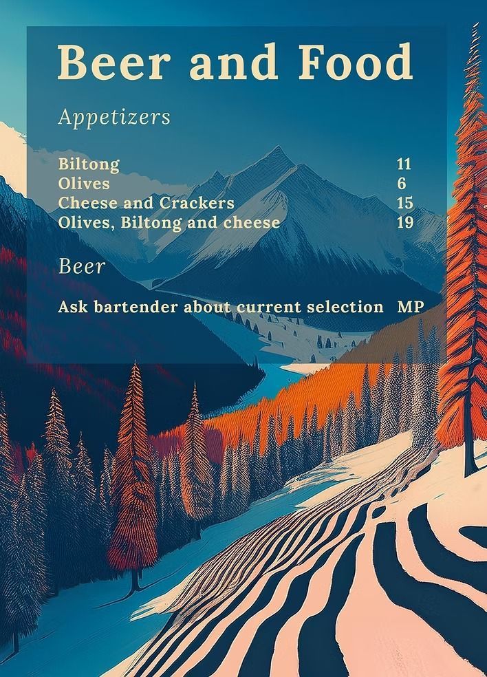 Menu: Beer and Food. Appetizers include biltong, olives, and cheese. Beer selection is MP. Background: mountains.
