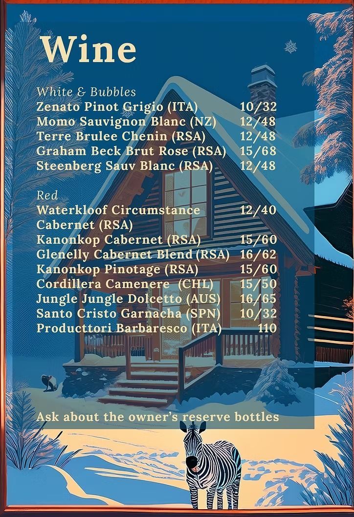 Wine menu with a winter cabin illustration, listing white and red wines with prices. A zebra stands in front.
