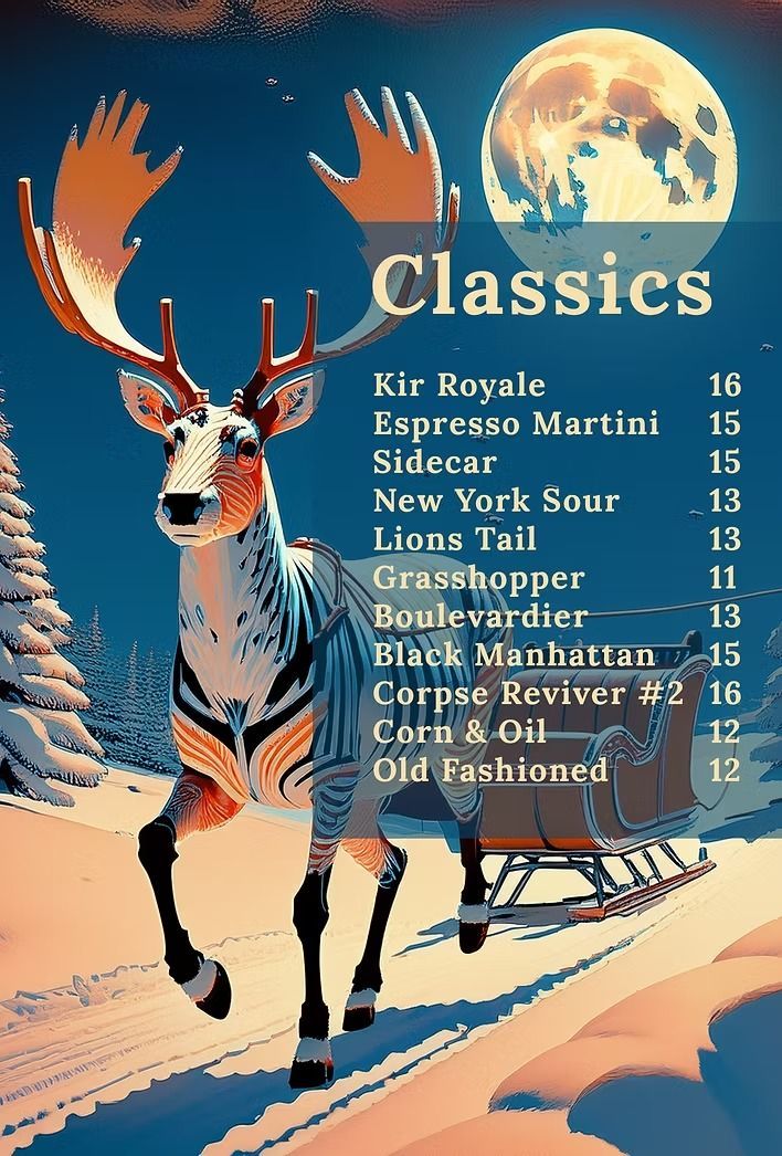 A Christmas-themed cocktail menu. A deer pulls a sleigh, with a full moon in the background. 