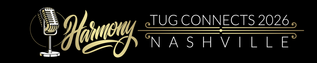 Logo for TUG Connects 2026 in Nashville, featuring a vintage microphone and gold-colored script.