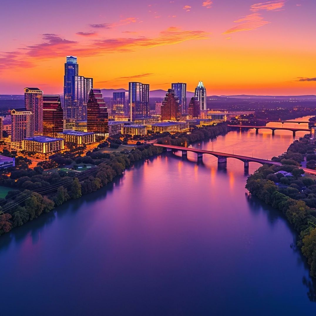 An aerial view of Austin, Texas at sunset in orange and purple.