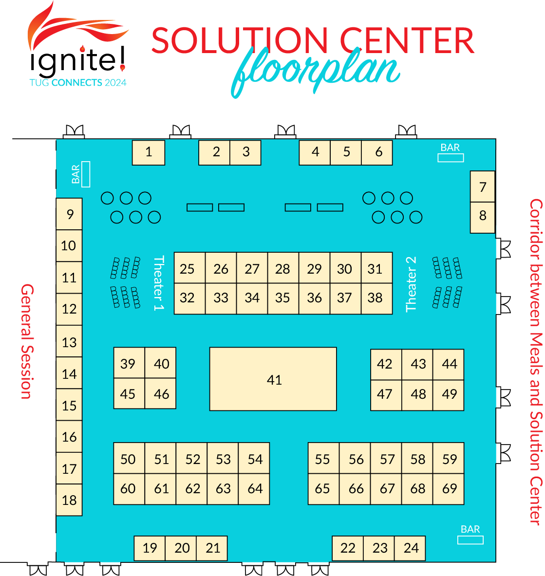 A blue and white floor plan of the solution center