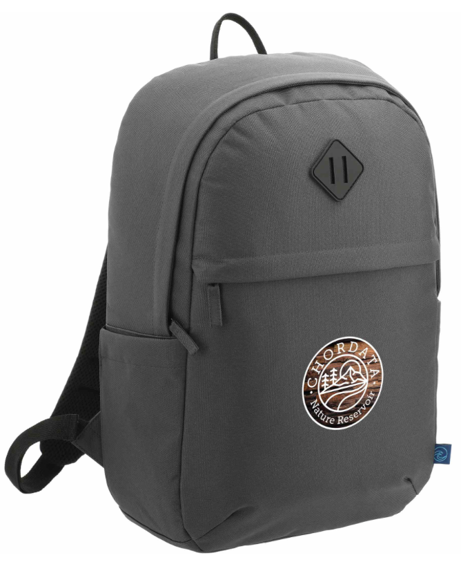 Gray backpack with a front pocket, side pocket, and a logo.