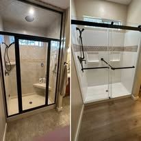 A before and after picture of a shower with sliding glass doors.