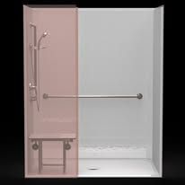 A shower with a seat , handrails , and a shower head.