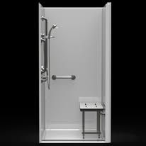A shower with a seat and a hand rail.