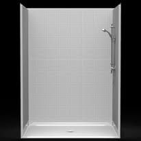 A shower stall with a shower head and a drain on a black background.